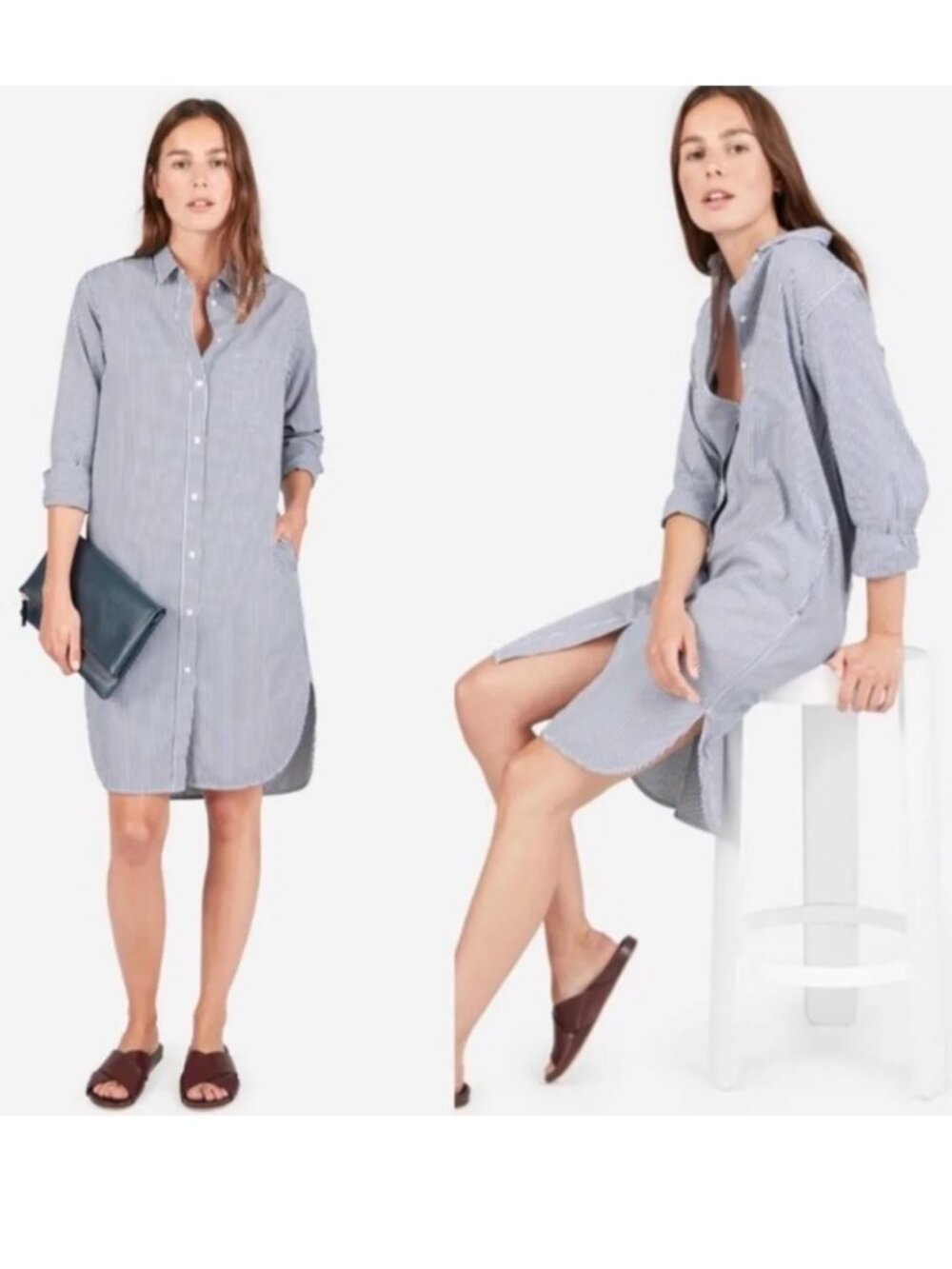 Everlane Shirt Dress 12 Blue White Striped Cotton Long Sleeve Pocket Preppy READ